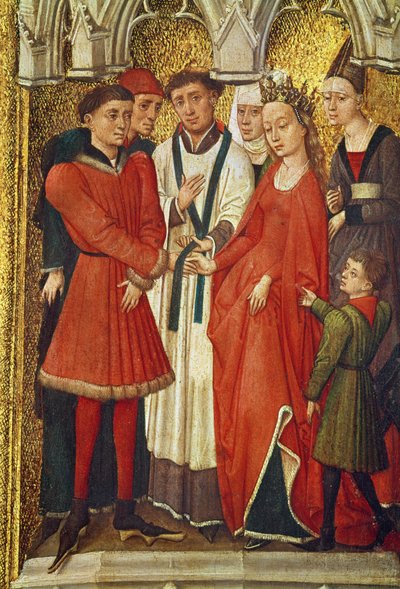 Verlossing Drieluik: Sacrament van het Huwelijk, uit de serie kleine afbeeldingen die de sacramenten rondom het centrale beeld van de Kruisiging uitbeelden, c.1460 door Vrancke van der Stockt